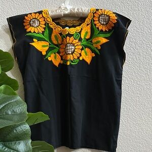 Black Embroidered Sunflower Top - Yellow & Green Floral Accent